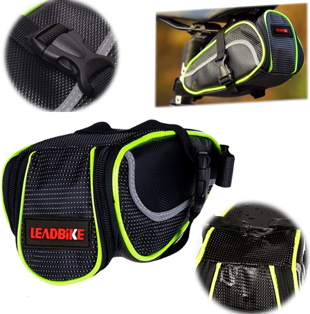 Ryhpez Bike Saddle Bag, Bicycle Bag Back Seat Pouch Mountain Bike Pocket Pack Waterproof Strap-on Seat Bag for Outdoor Night Safety Ride, Convenient with Reflective Stripes - Green - Image 2